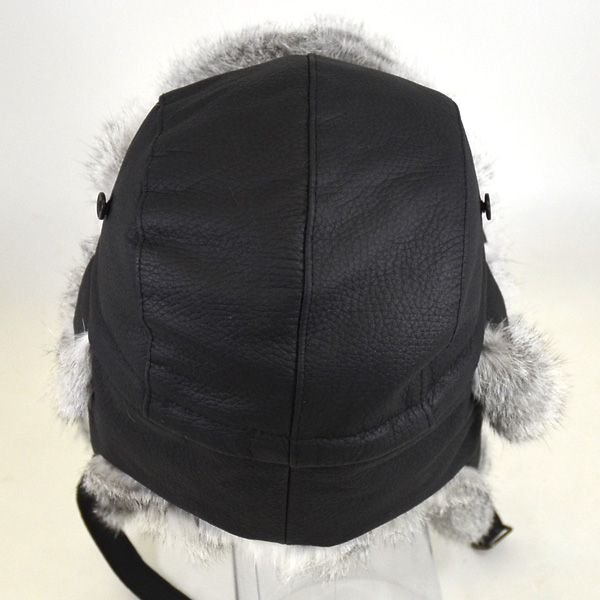 フライトキャップ エゾシカ革(黒)×ラビットファー(グレー) つば付き飛行帽 防寒帽 アビエイター パイロットキャップ