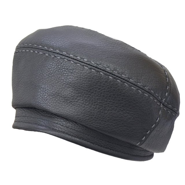 レディースベレー帽　エゾシカ革のハンドステッチベレー　ブラック×グレー