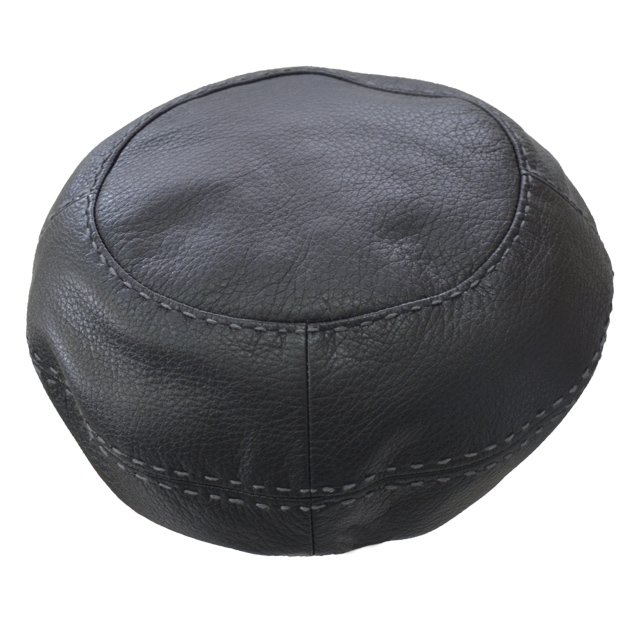 レディースベレー帽　エゾシカ革のハンドステッチベレー　ブラック×グレー