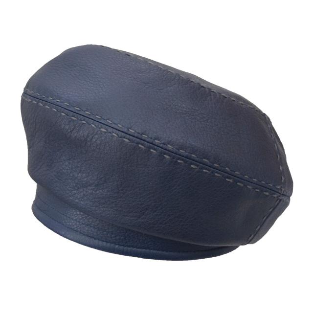 レディースベレー帽　エゾシカ革のハンドステッチベレー帽　ネイビー×グレー