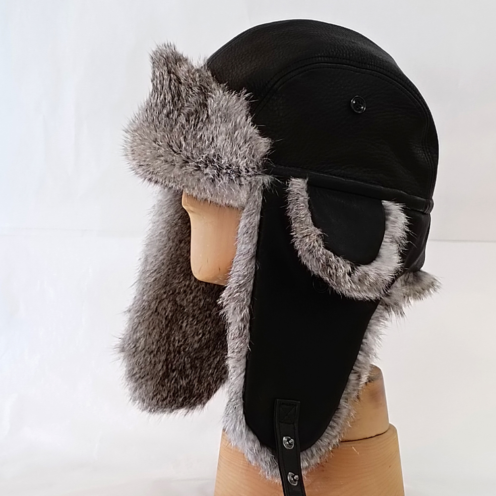 フライトキャップ 牛革(黒)×ラビットファー(グレー) つばなし飛行帽