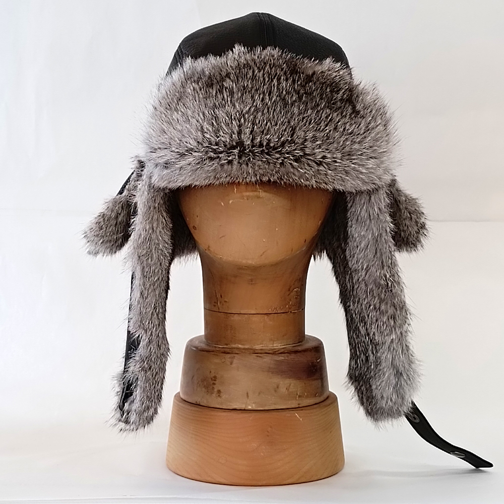 LENO アビエイターキャップ フライトキャップ ラビットファー フライトキャップ 牛革(黒)×ラビットファー(グレー) つばなし飛行帽