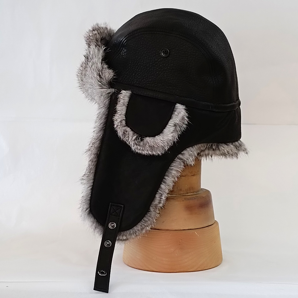 フライトキャップ 牛革(黒)×ラビットファー(グレー) つばなし飛行帽 防寒帽 アビエイター パイロットキャップ
