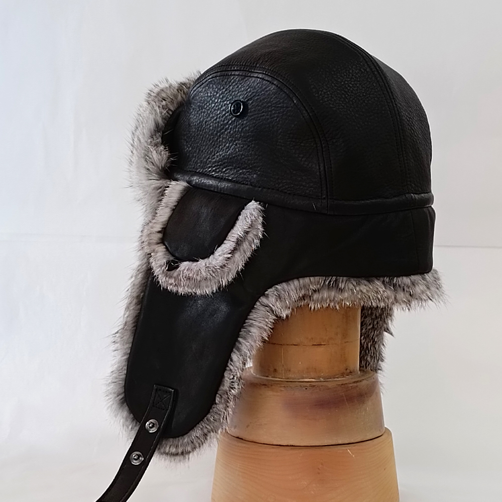 フライトキャップ 牛革(黒)×ラビットファー(グレー) つばなし飛行帽 防寒帽 アビエイター パイロットキャップ